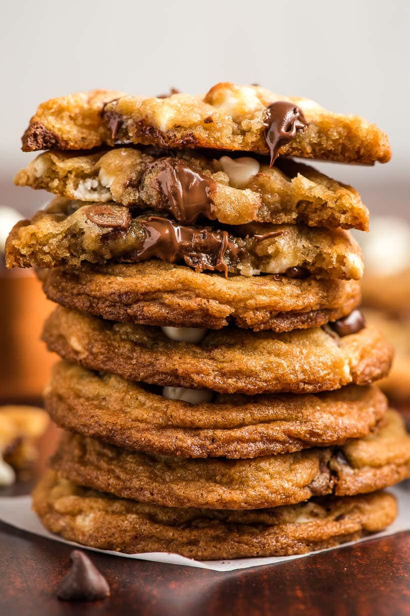 stack of triple chocolate chip cookies