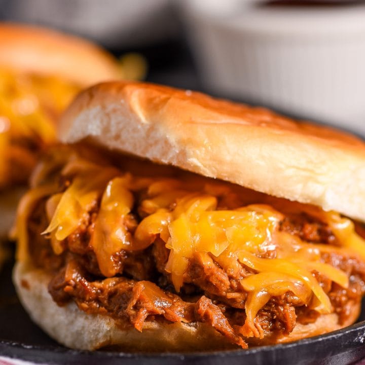 Slow Cooker Barbecue Chicken Sandwiches with cheddar cheese