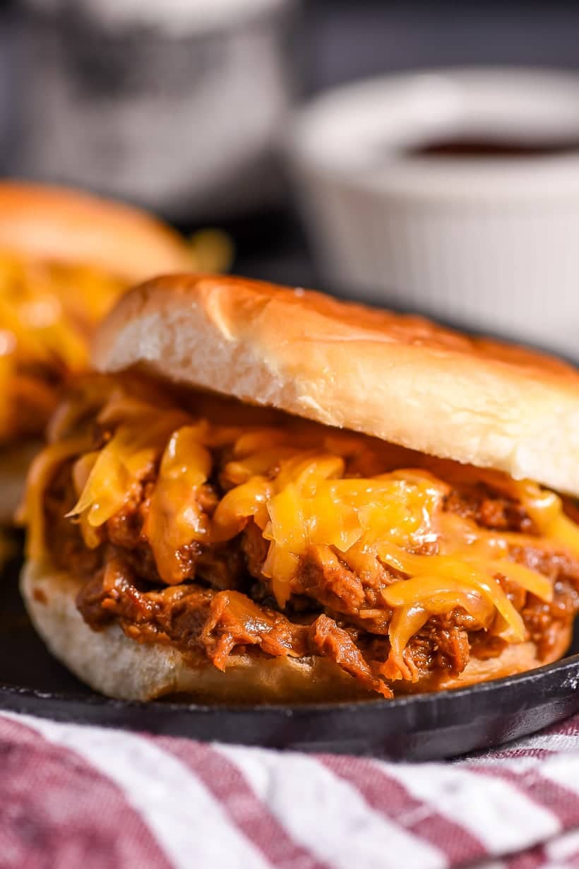 Slow Cooker Barbecue Chicken Sandwiches with cheddar cheese