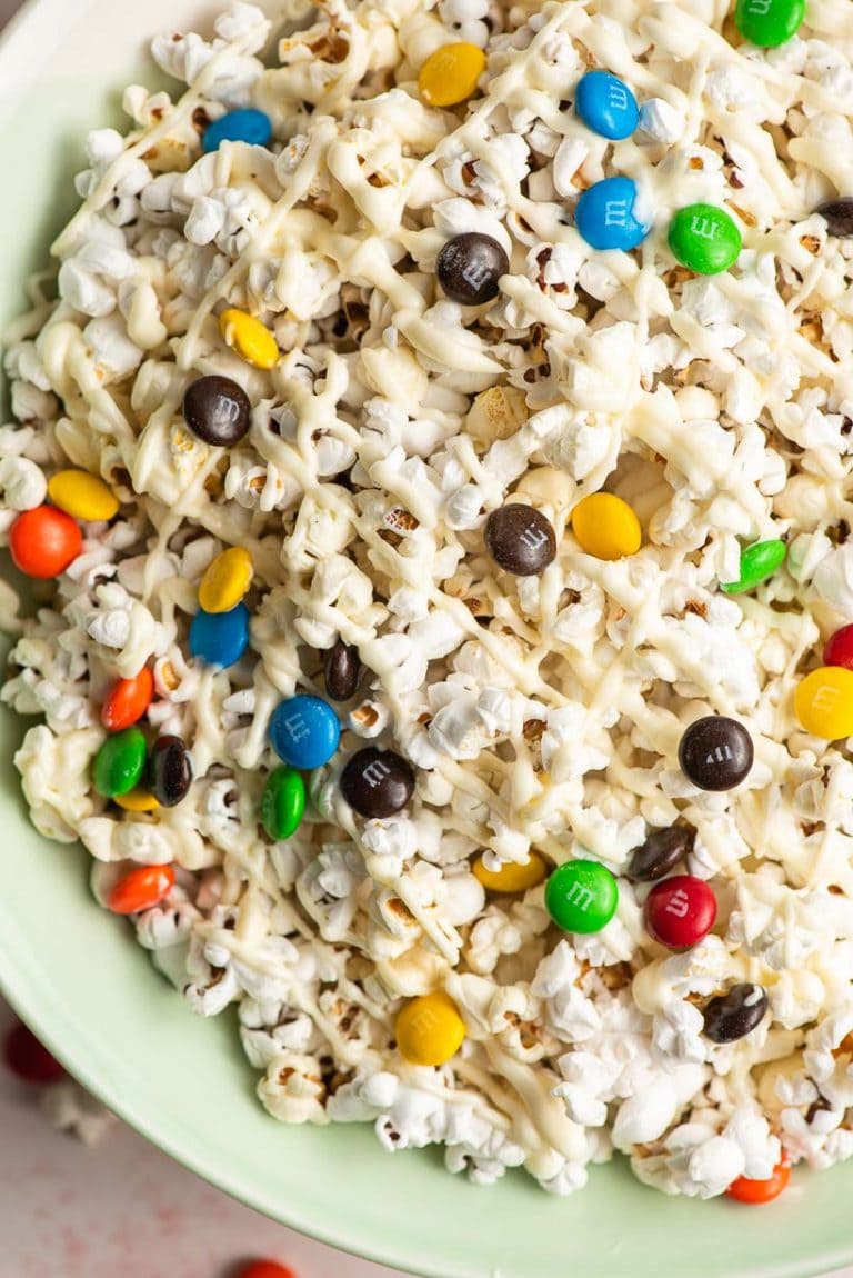bowl full of M&M white chocolate popcorn