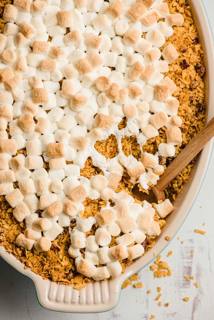 casserole dish filled with sweet potato casserole with marshmallows