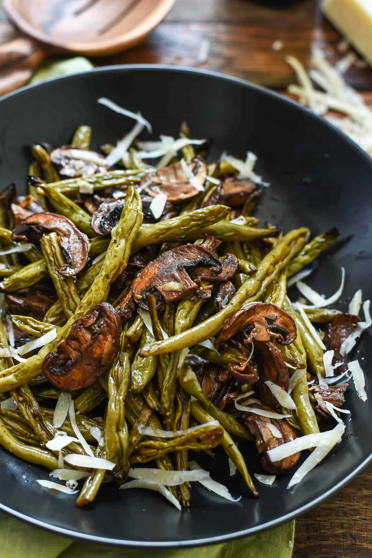 Balsamic Roasted Green Beans and Mushrooms are loaded with flavor and great for a quick weeknight side dish or your Thanksgiving table!