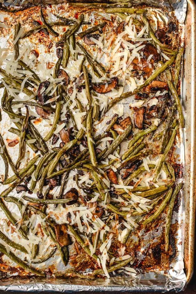 Roasted balsamic green beans and mushrooms topped with parmesan cheese.