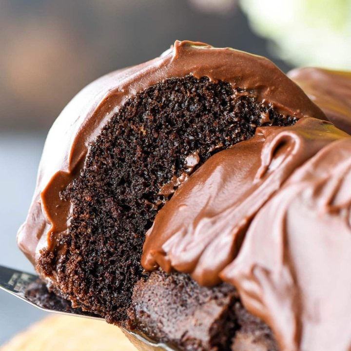 Slice of moist chocolate bundt cake held out by a spatula.