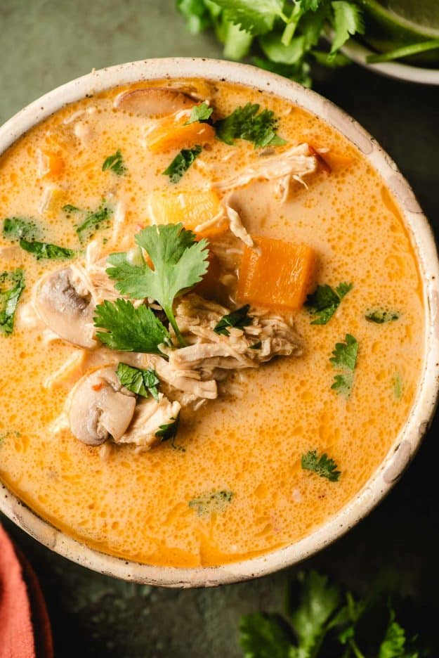 Thai Coconut Soup in a speckled pottery bowl.