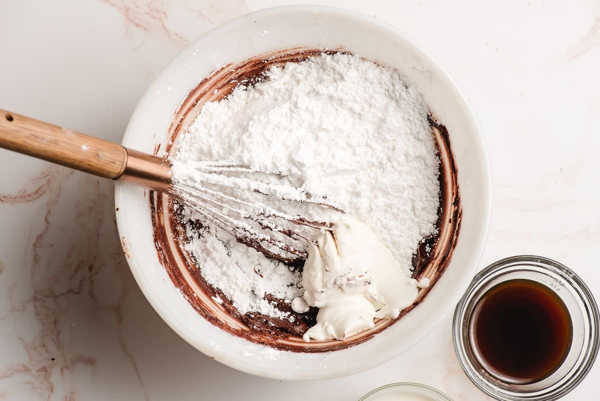 Powdered sugar, butter, and cocoa in a mixing bowl.