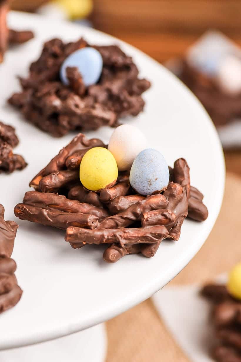 Chocolate Birds Nests with yellow, blue, and pink Cadbury eggs