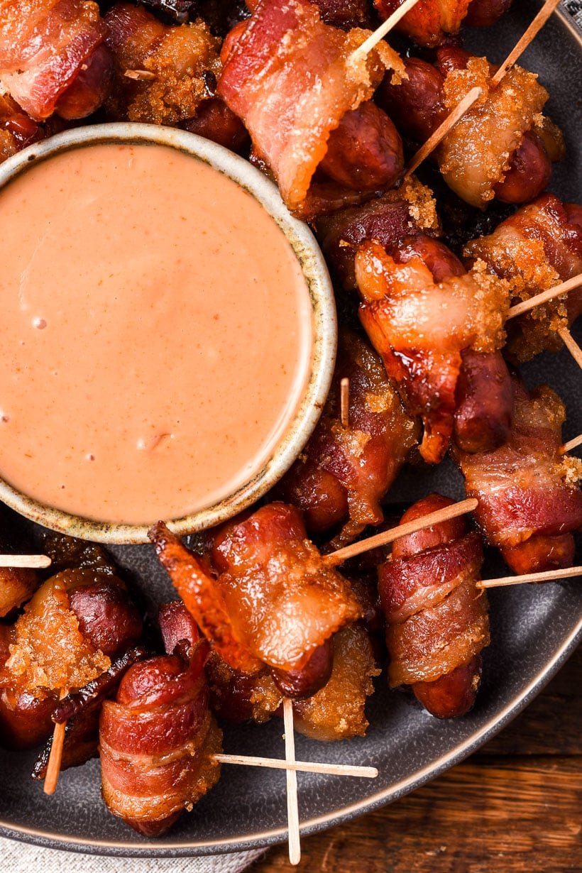 bacon wrapped smokies with dipping sauce