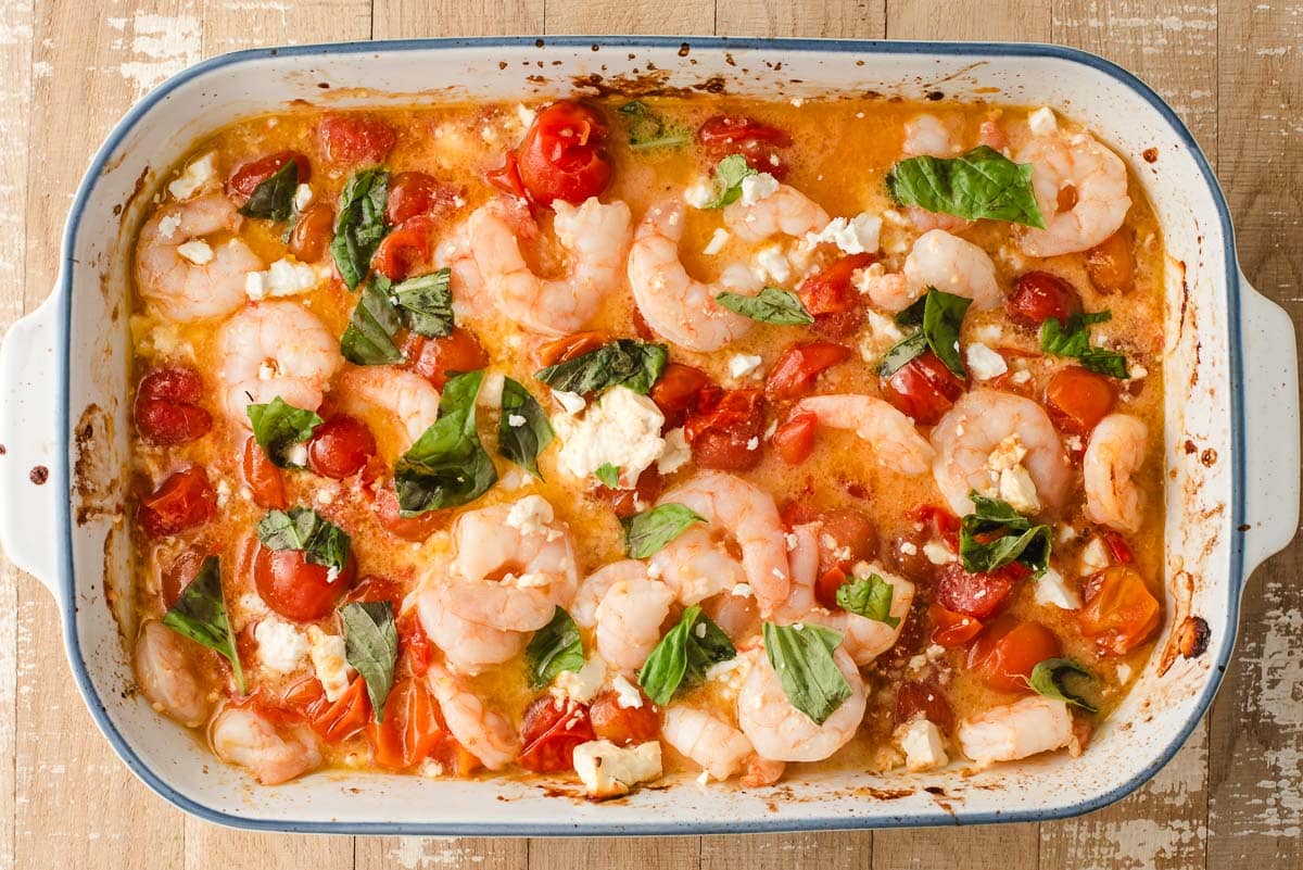 Baked shrimp bruschetta with lemon and feta.