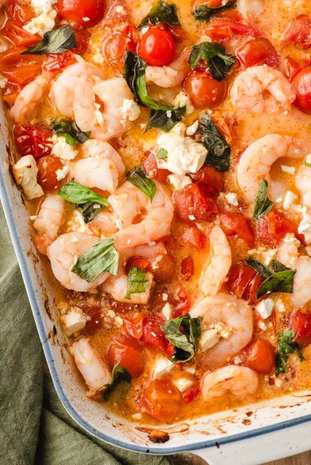 Shrimp Bruschetta with feta, roasted tomatoes, and fresh basil.