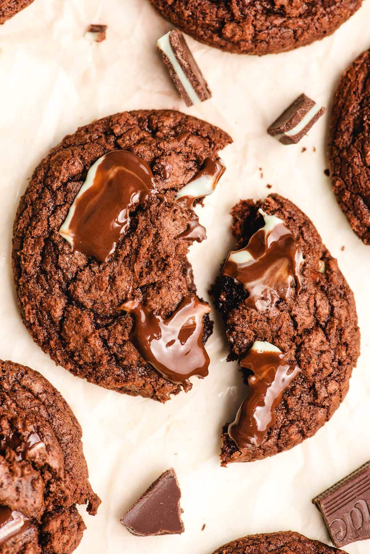 Halved MInt Chocolate Cookie with melted Andes mint pieces.