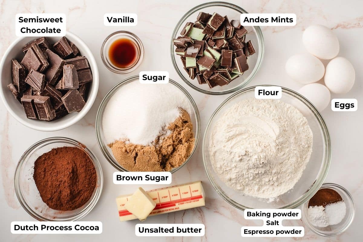 Ingredients for Andes Mint Cookies shown on a white marble background.