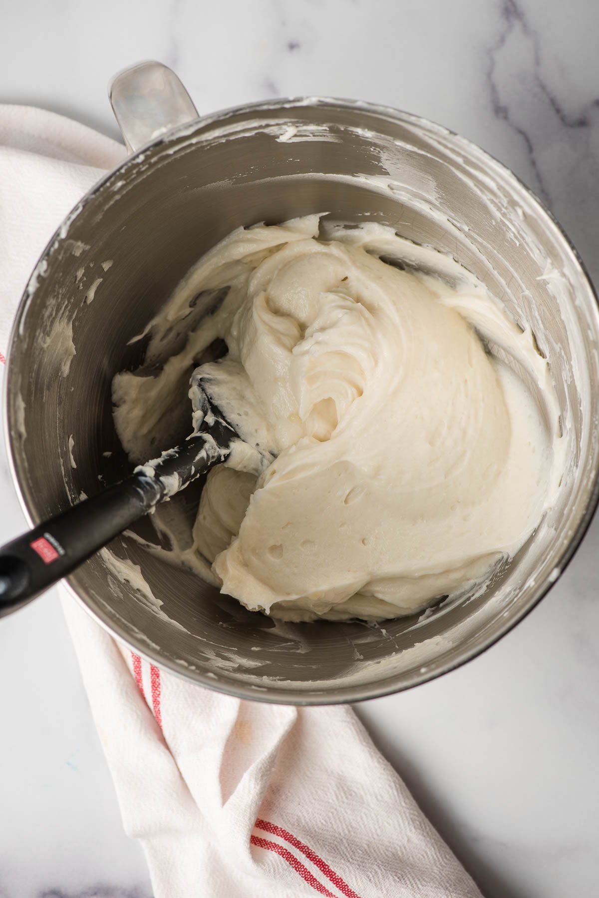 Mixing bowl with creamy vanilla filling.