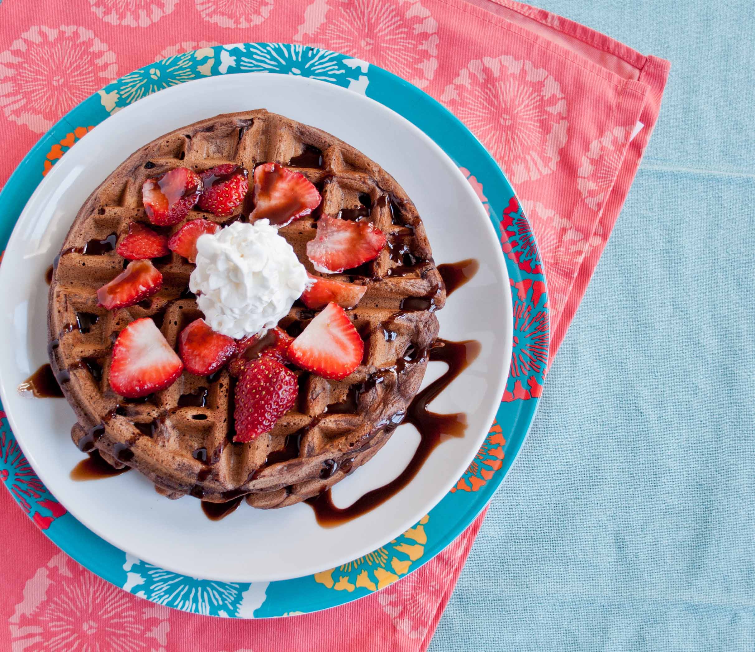 Double Chocolate Waffles with Strawberries and Whipped Cream