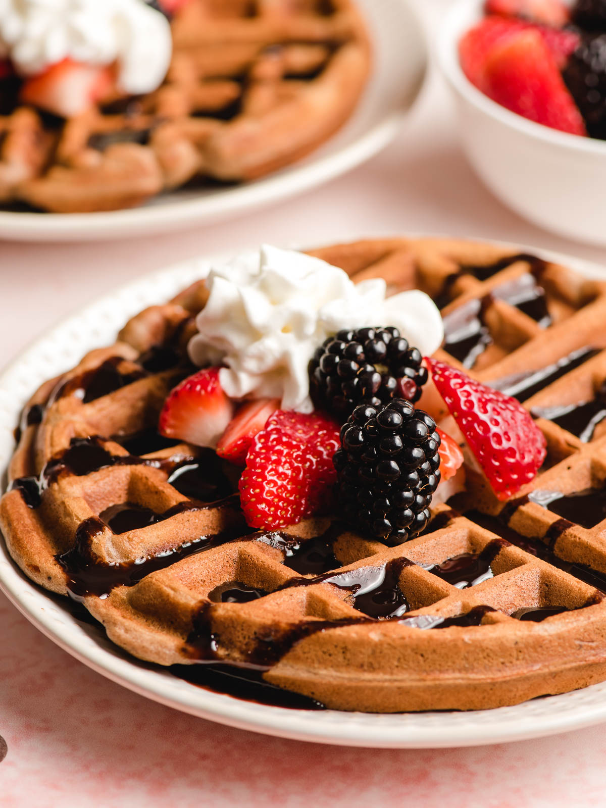 Chocolate waffle topped with strwaberries, whipped cream, and blackberries.