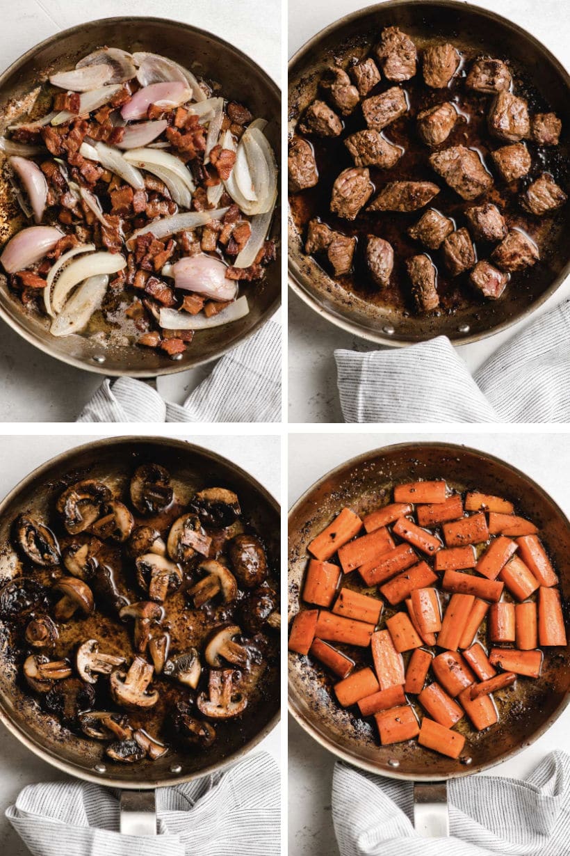 Four step-by-step images of making Guinness beef stew: sauteeing bacon and onions, browning beef, sauteeing mushrooms, and sauteeing carrots.