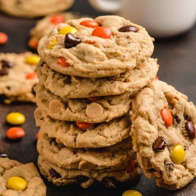 Stack of Reese's Pieces Peanut Butter Cookies.