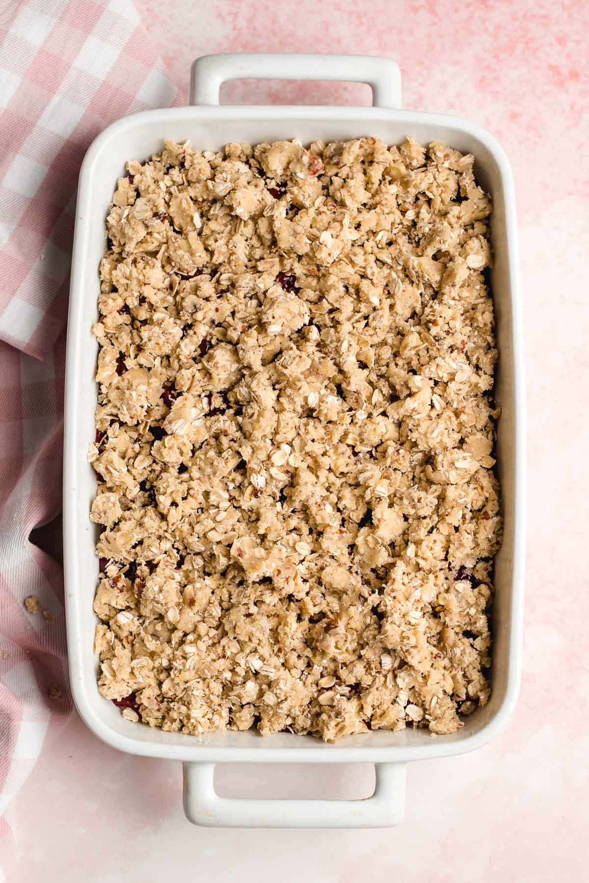 Pan of raspberry crumb bars before going into the oven.