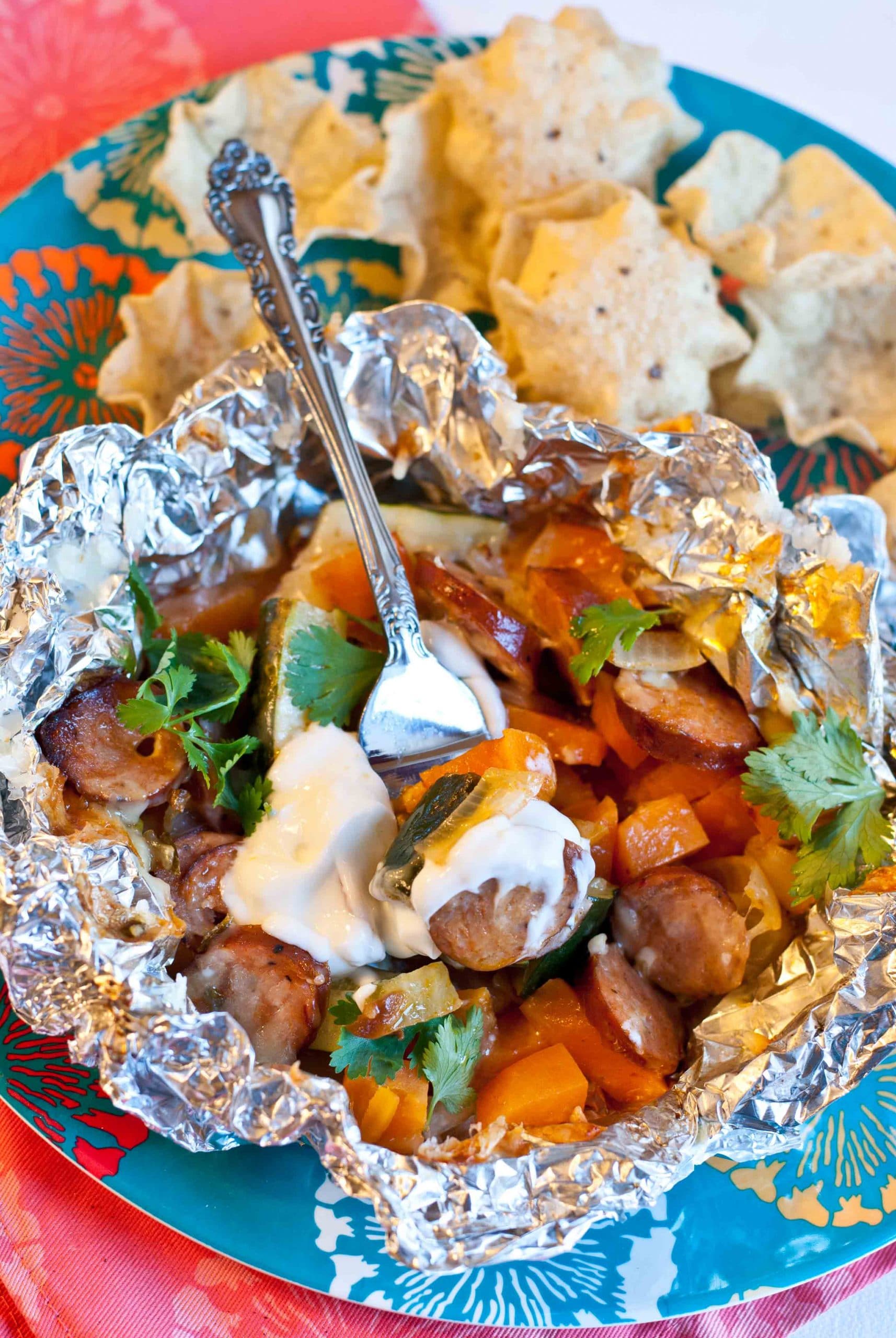 Grilled Chipotle Sweet Potato and Chicken Sausage Foil Packets | Neighborfoodblog.com