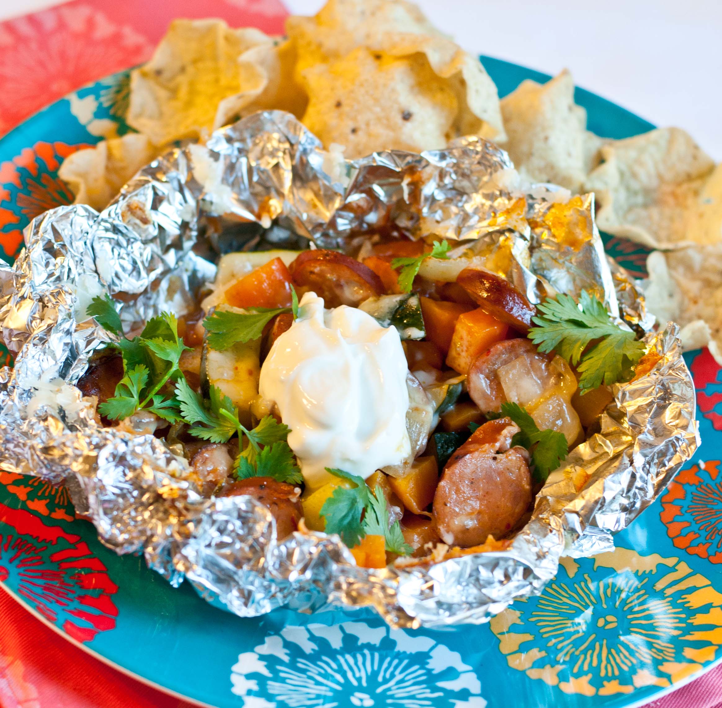 Grilled Chipotle Sweet Potatoes and Chicken Sausage Foil Packets