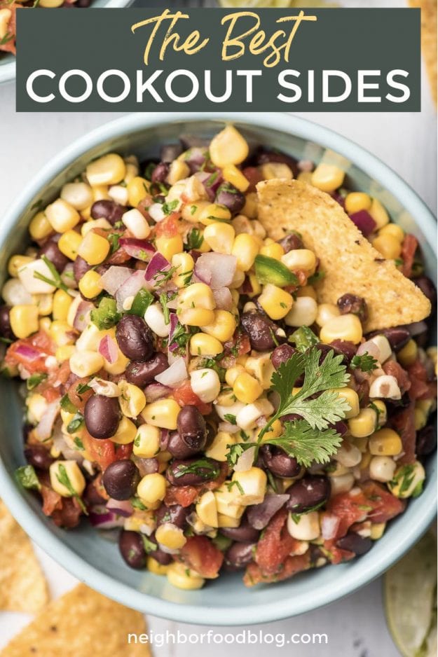 Black Bean and Corn Salsa in a light blue bowl, featured as a side for burgers.