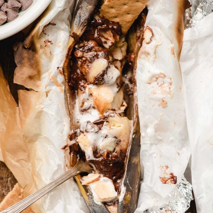 Grilled Smore Banana Boat with chocolate and marshmallows.