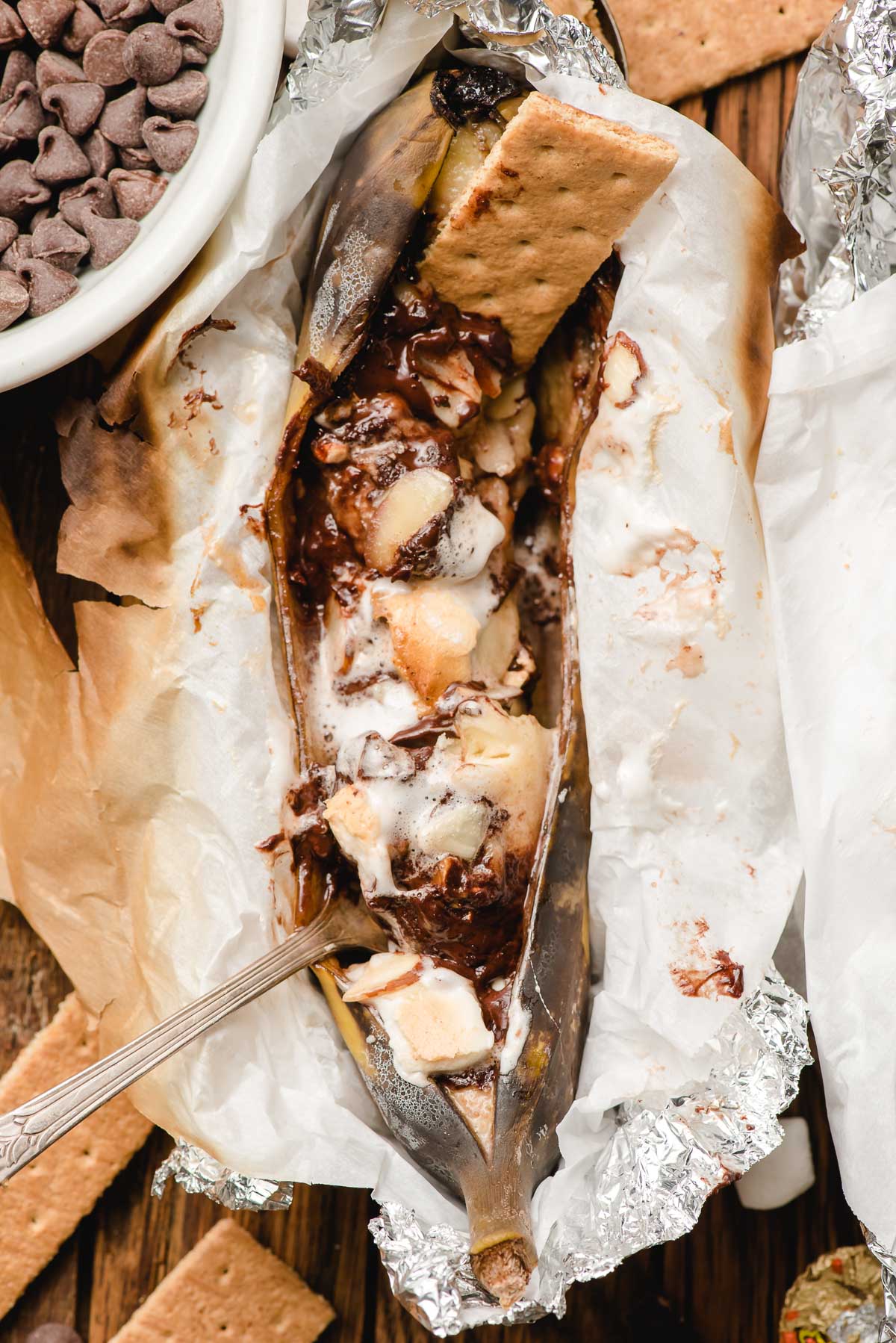 Grilled Smore Banana Boat with chocolate and marshmallows.