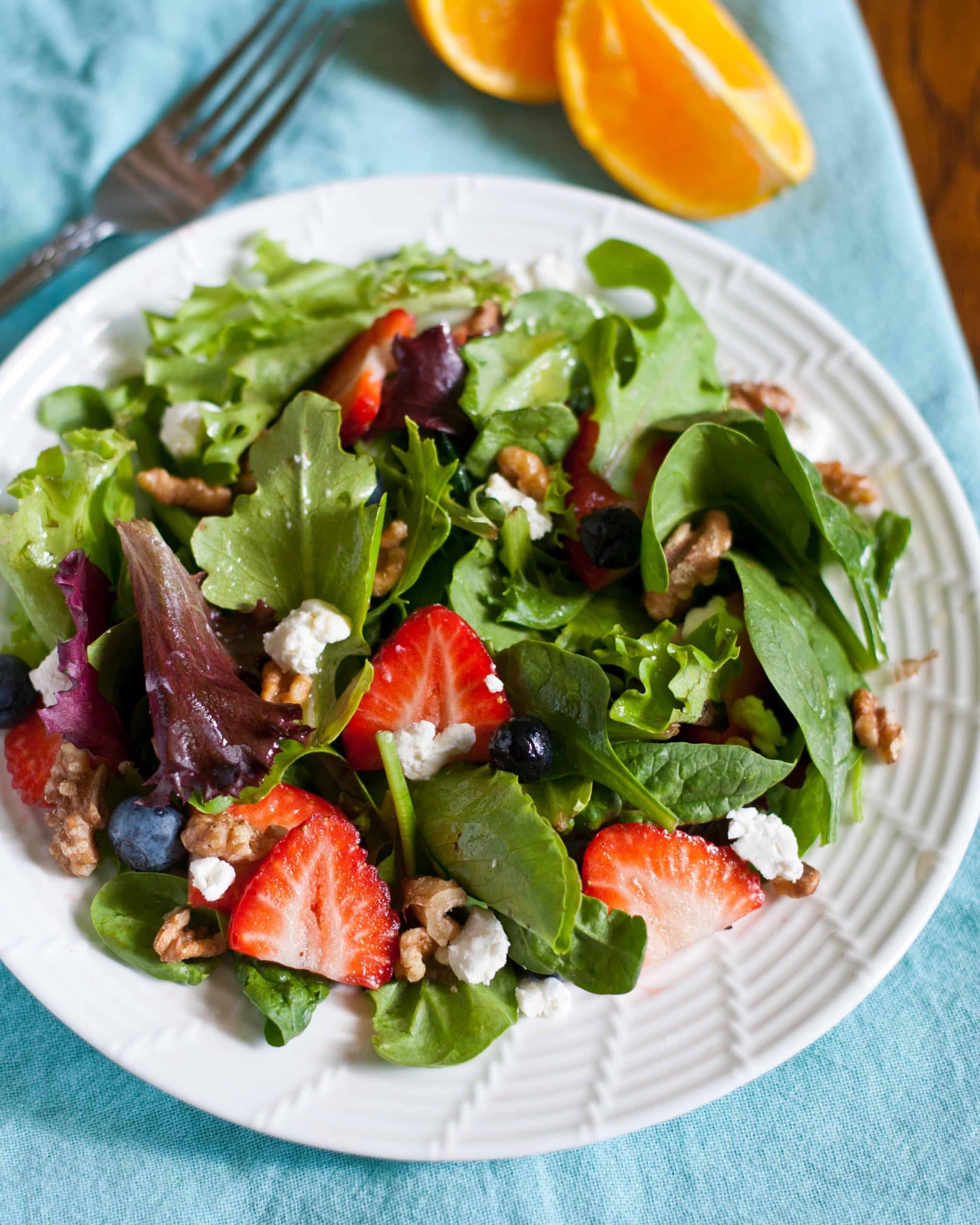 Summer Berry Salad with Roasted Walnuts, Goat Cheese, & Orange Vinaigrette