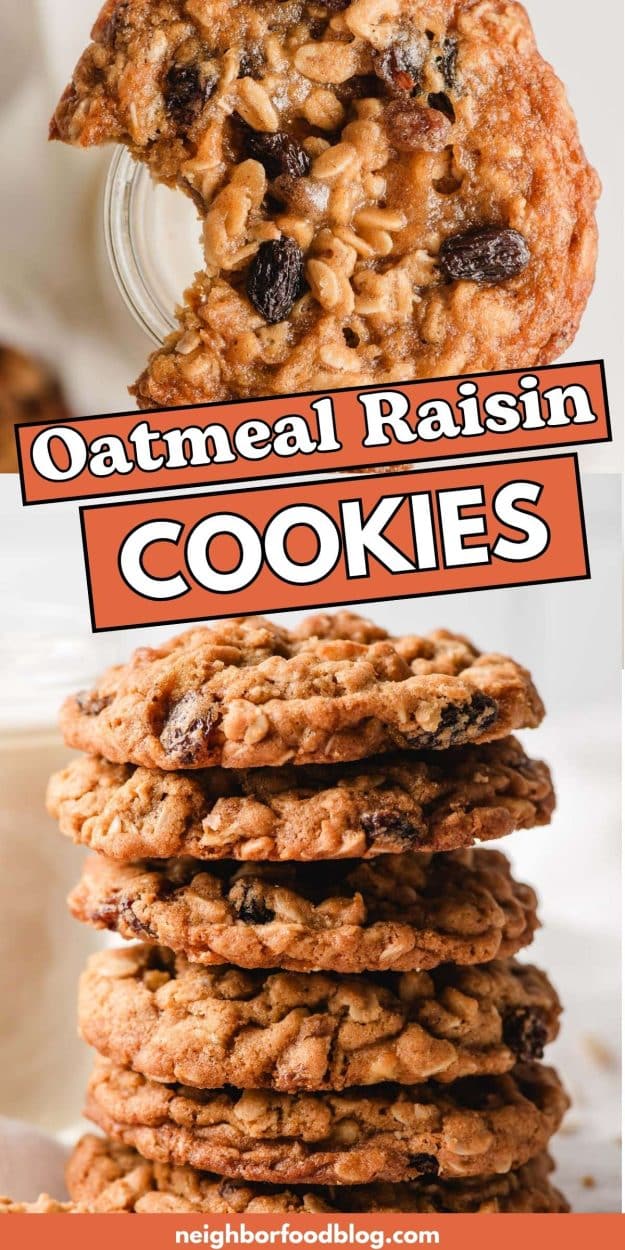Top: oatmeal raisin cookies with a bite taken out. Bottom: Stack of oatmeal raisin cookies