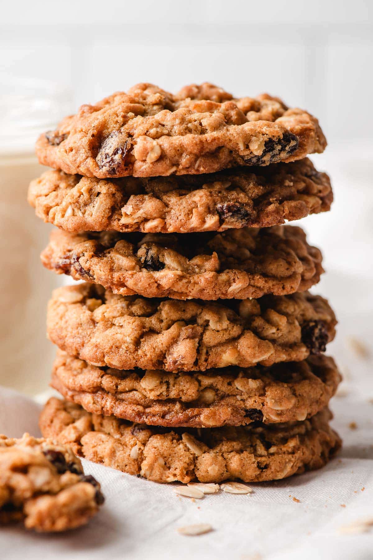 Stack of old fashioned oatmeal raisin cookies.