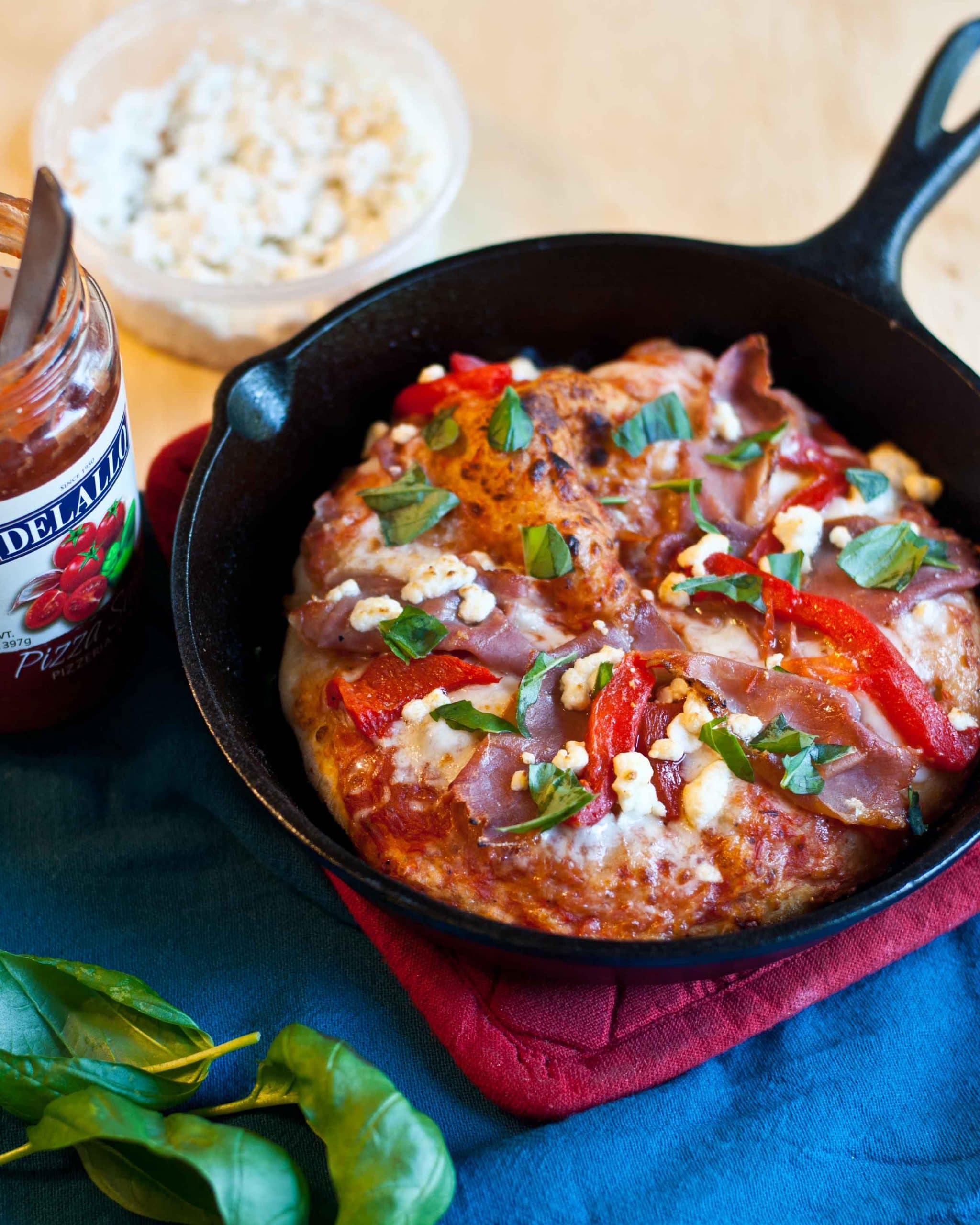 Roasted Red Pepper, Prosciutto, and Goat Cheese Skillet Pizza