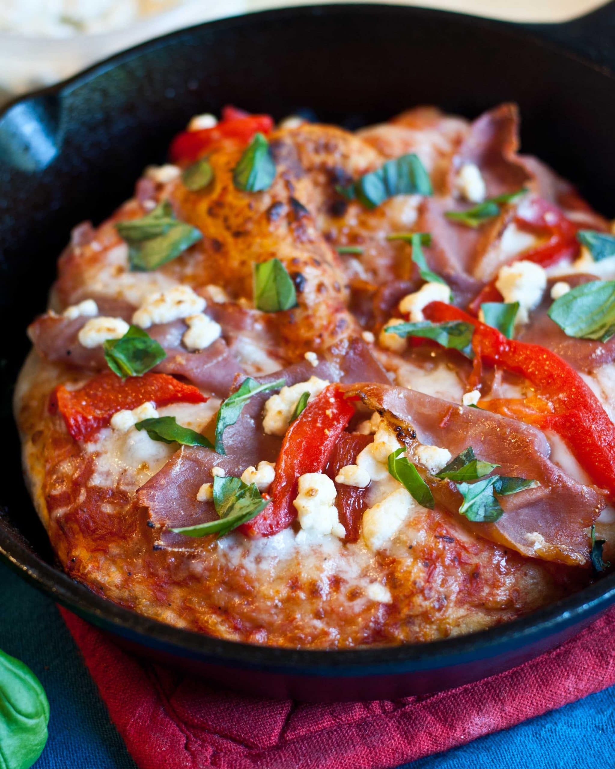 Roasted Red Pepper, Prosciutto, and Goat Cheese Skillet Pizza | Neighborfoodblog.com