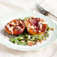 Broiled Nectarines with Cashews, Bacon, Arugula, and Balsamic Cream Image