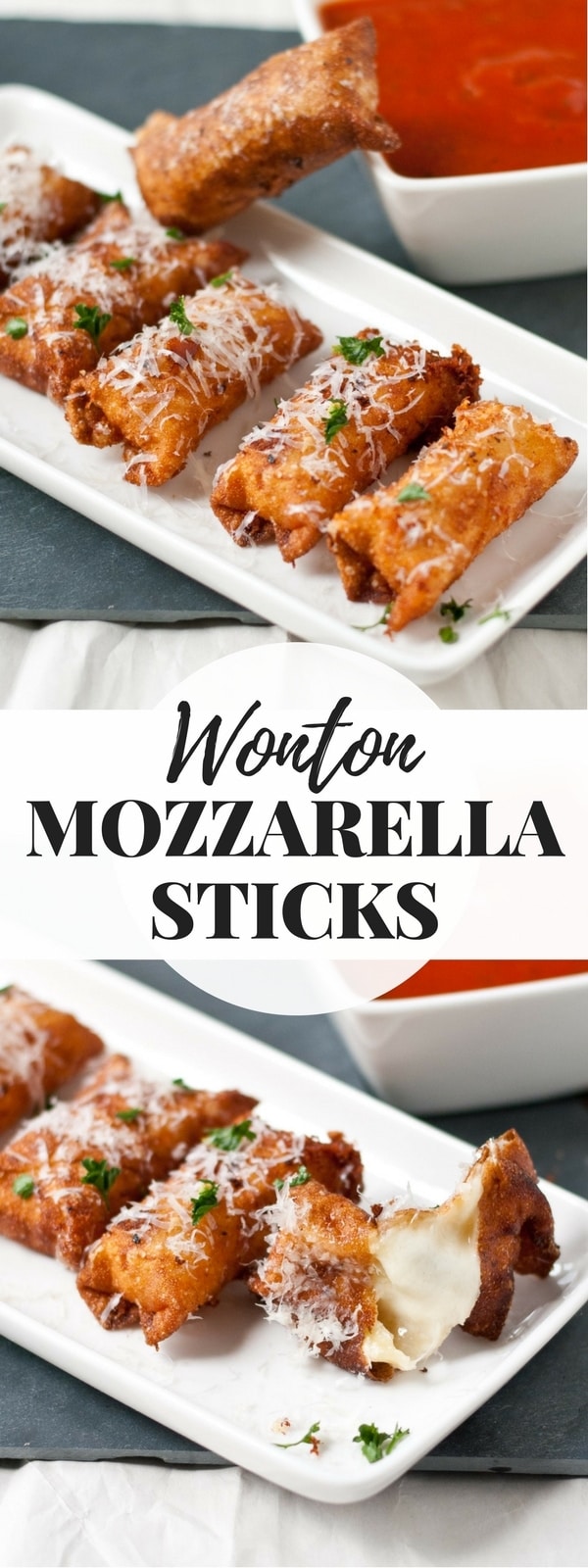 Wonton Mozzarella Sticks dipped in marinara sauce