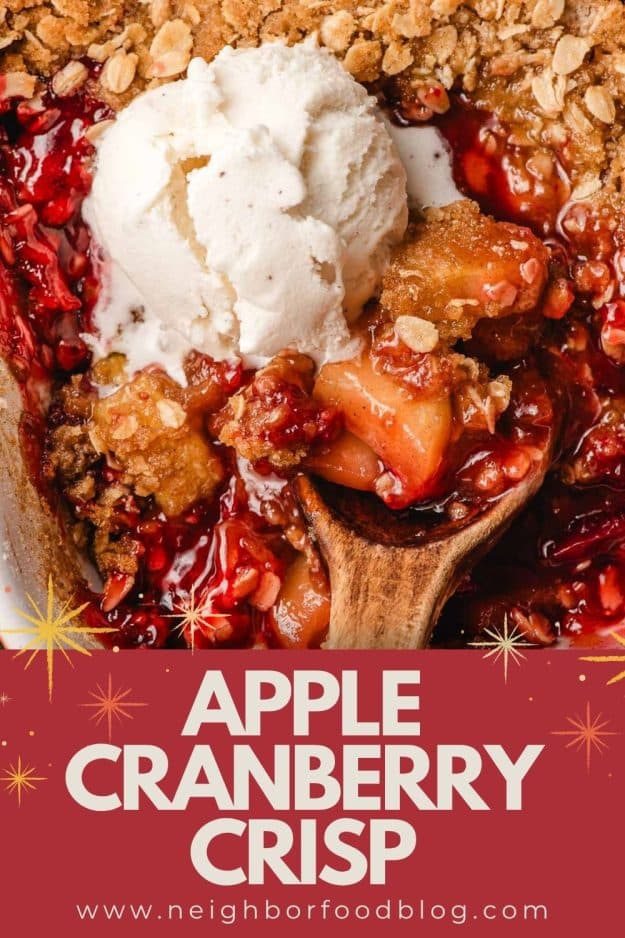 Apple Cranberry Crisp topped with a scoop of vanilla ice cream.