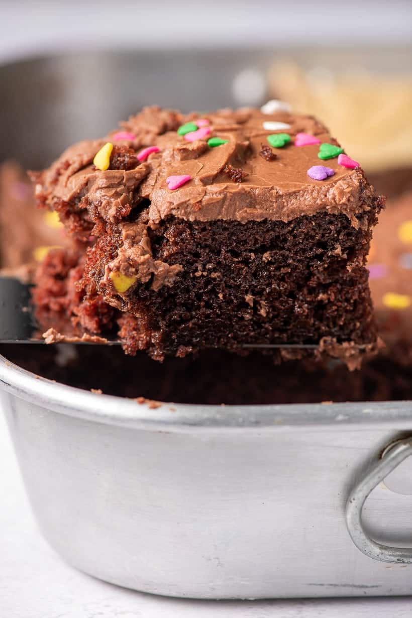 spatula lifting chocolate cake out of a pan