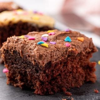 slice of fluffy chocolate crazy cake with chocolate frosting