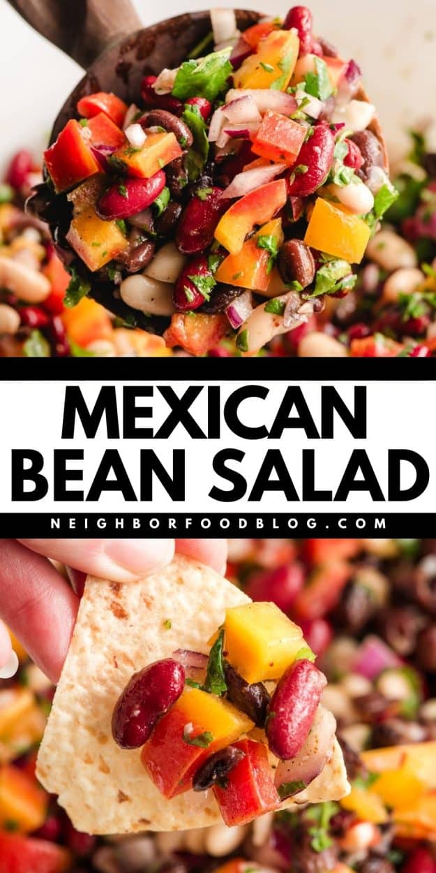 Top: Wooden spoon scooping 3 bean salad Bottom: Chip dipping cilantro bean salad.