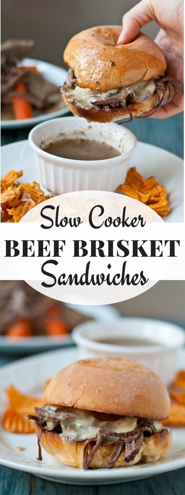 This Slow Cooker Beef Brisket makes the most incredible French Dip sandwiches! A great crock pot meal to feed a crowd!