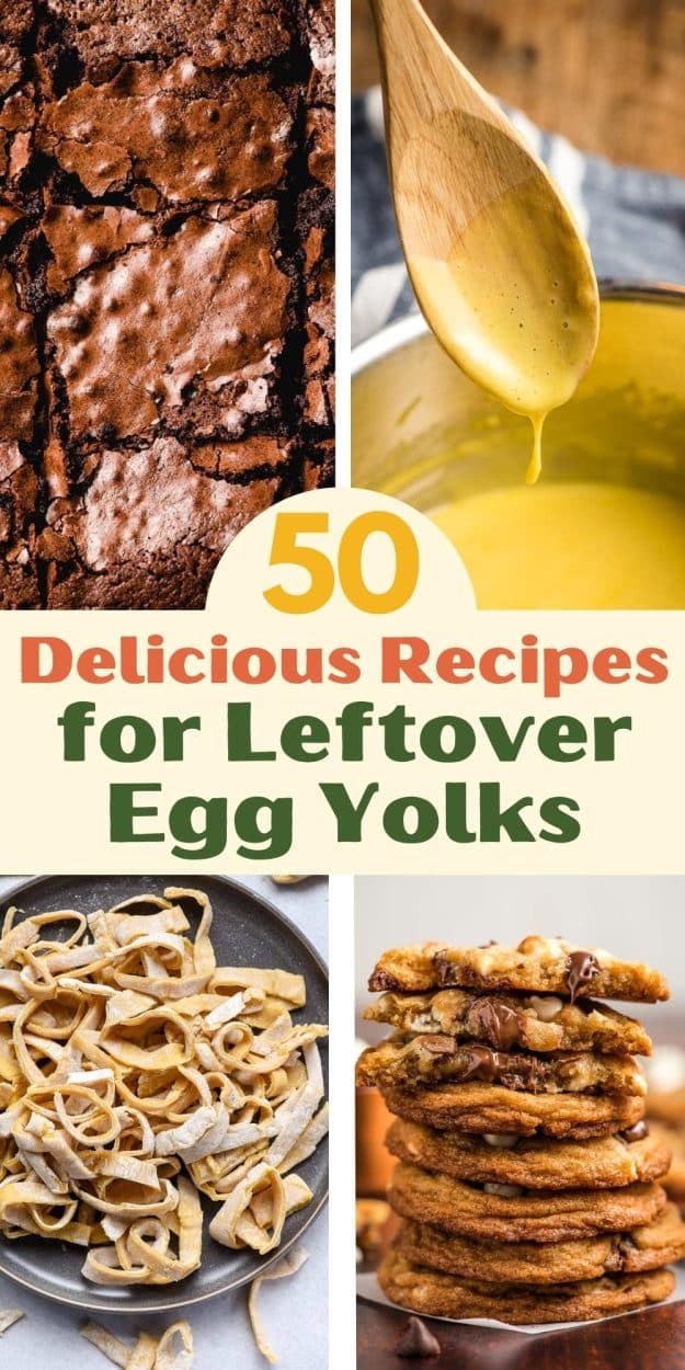 Four recipes made with leftover egg yolks: brownies, hollandaise, egg yolks, chocolate chip cookies.