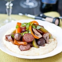 Chicken Sausage and Mushroom Skillet over Goat Cheese Grits