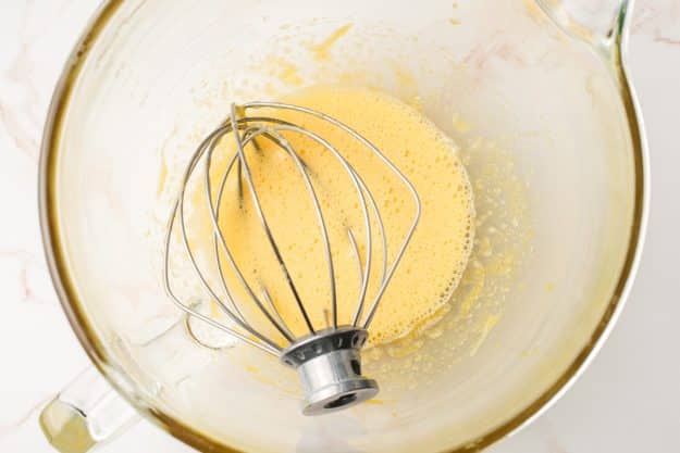 Eggs and sugar whisked until frothy.
