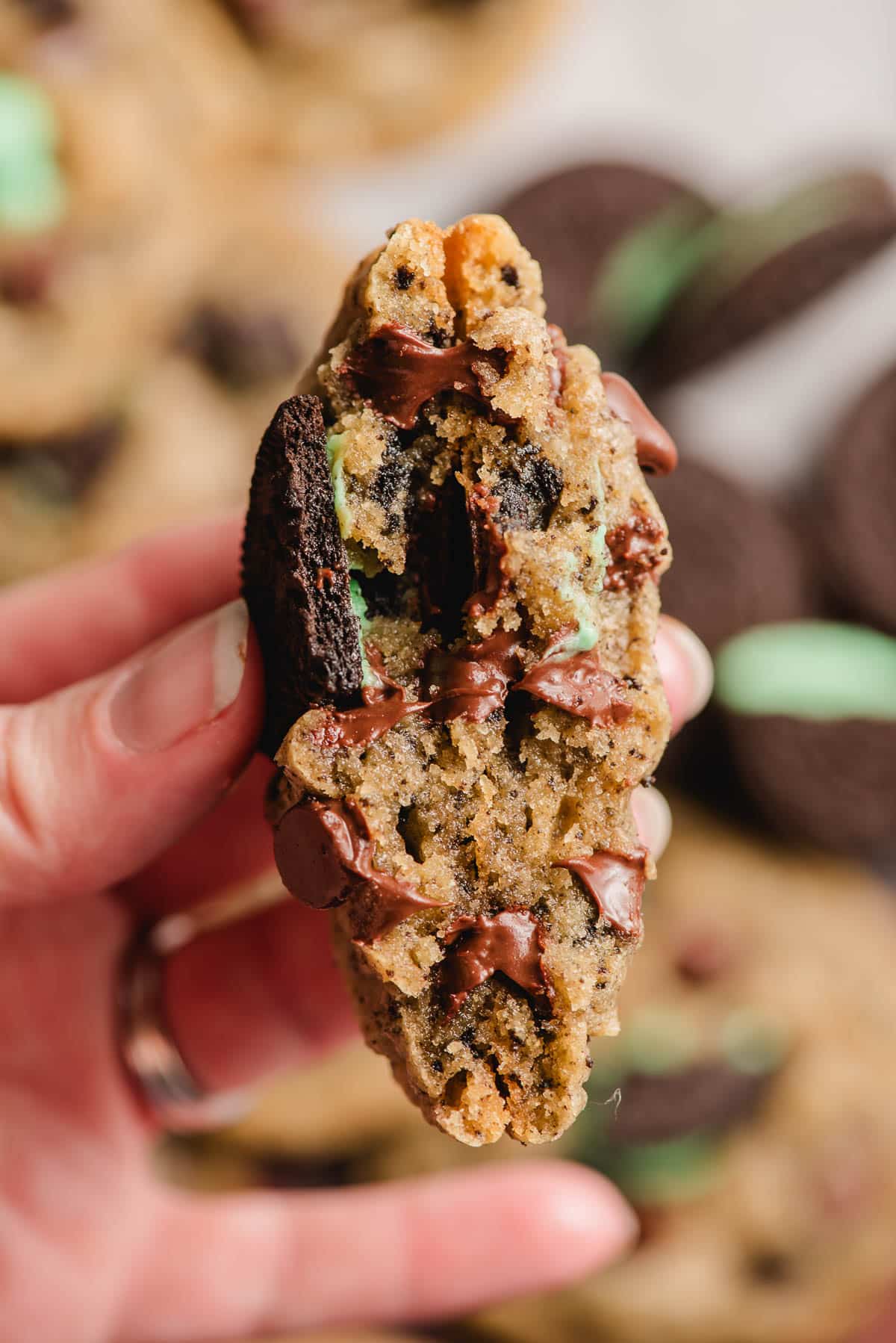 Close up of the interior texture of a Mint Oreo Chocolate Chip Cookie.
