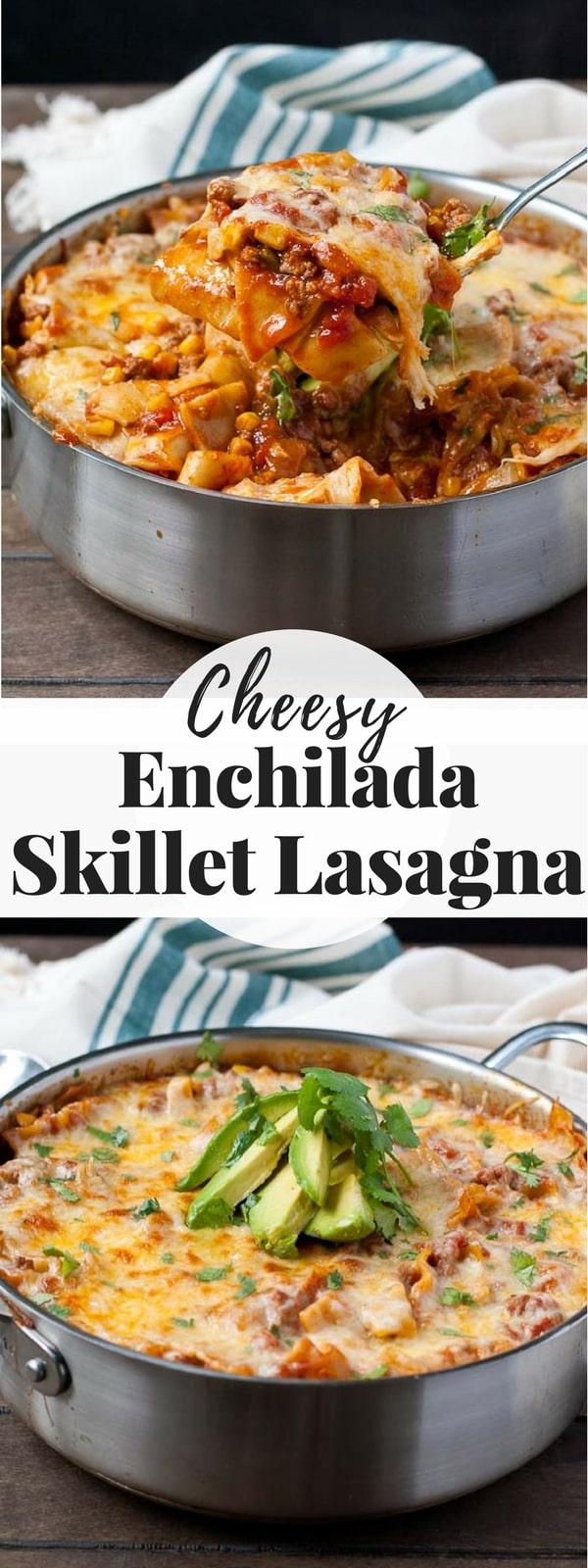 Enchilada Lasagna in a skillet with avocado slices