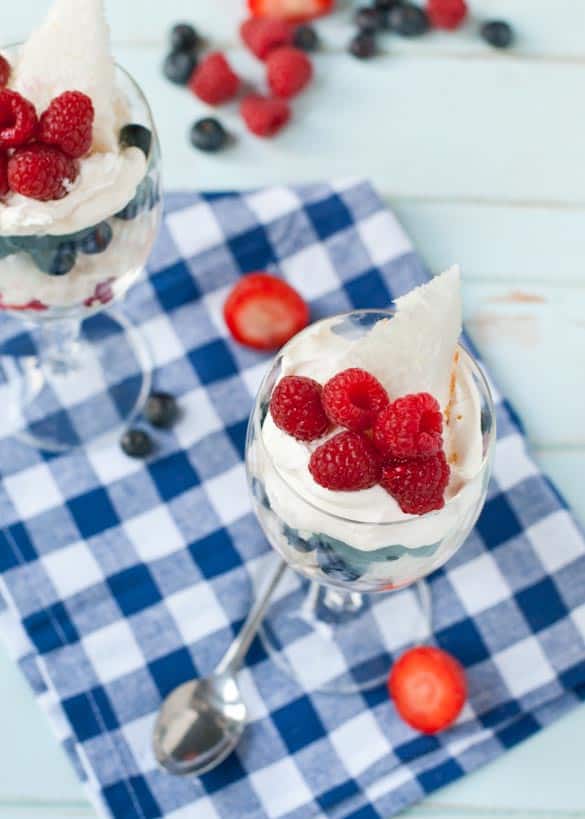 Red, White, and Blue Angel Food Cake Parfaits- A super easy summer dessert!