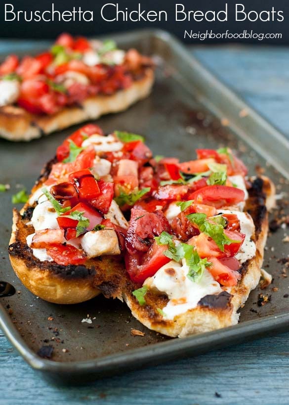 Cheesy Chicken Bruschetta Bread Boats are a flavor packed 30 minute meal. 
