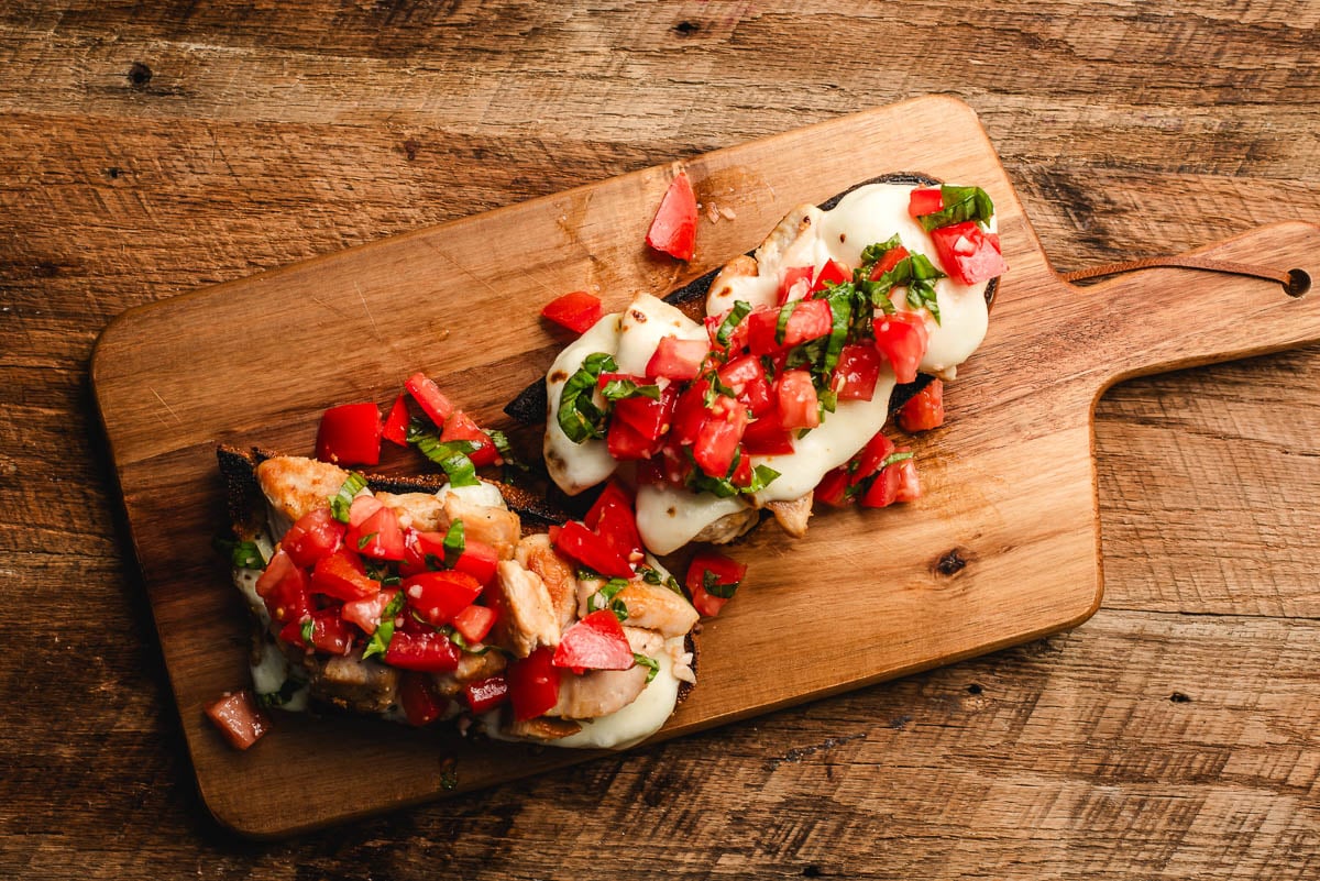 French bread toasted and topped with mozzarella, chicken, and fresh bruschetta.