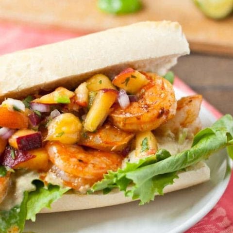 Chipotle Shrimp + Avocado Mayo+ jalapeno Peach Salsa makes one killer sandwich.