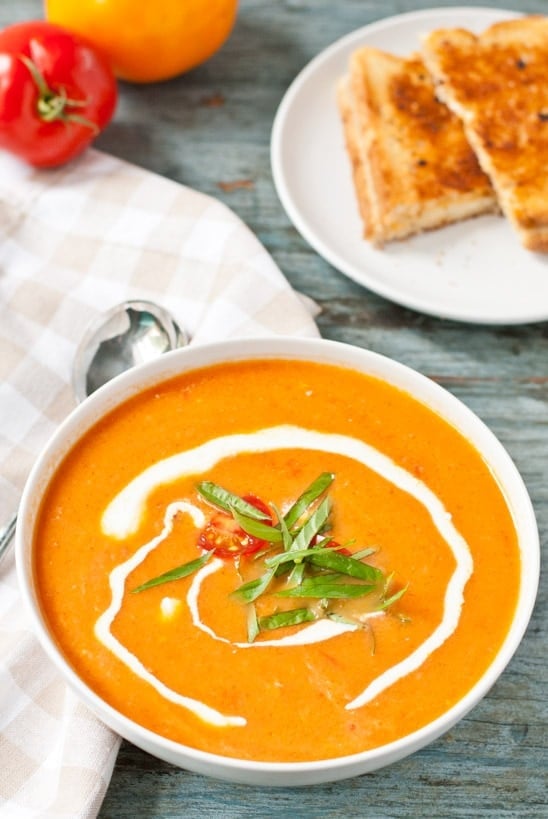 Bowl of Fresh Tomato Soup topped with Basil