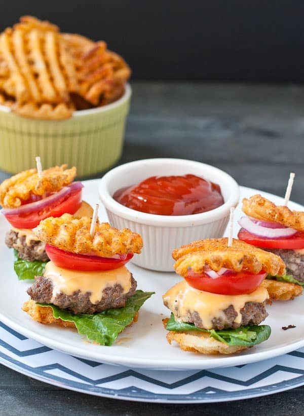 These Waffle Fry Slider Burgers are great for parties, but also make for an easy weeknight meal!